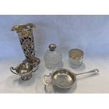 SILVER LEMON STRAINER, SILVER TOPPED SCENT BOTTLE, ART NOUVEAU SILVER VASE, ETC - 185 G,