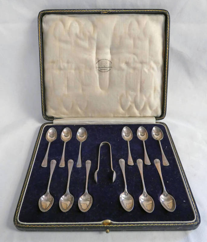 CASED SET OF 12 SILVER TEASPOONS & SUGAR TONGS,