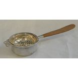 SILVER TEASTRAINER WITH TURNED WOODEN HANDLE & STAND,