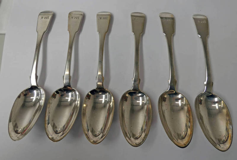 SET OF 6 SCOTTISH GEORGIAN SILVER FIDDLE PATTERN TABLESPOONS BY JAMES MCKAY EDINBURGH 1829 - 435G