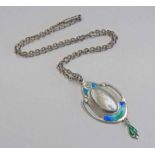 ARTS & CRAFTS SILVER, MOTHER OF PEARL AND ENAMEL PENDANT.