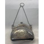 SILVER LADIES PURSE WITH HAMMER EFFECT DECORATION AND FITTED INTERIOR BY WALKER & HALL,