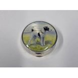 EARLY 20TH CENTURY SILVER & ENAMEL CIRCULAR PATCH BOX, THE LID DEPICTING A FOX TERRIER BY ADIE BROS,