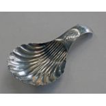 GEORGE IV SILVER CADDY SPOON WITH ENGRAVED DECORATION & SHELL BOWL BY JOSEPH TAYLOR,