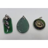 925 SILVER MOUNTED GREEN HARDSTONE PENDANT WITH PEARL DECORATION AND 2 OTHERS SIMILAR.