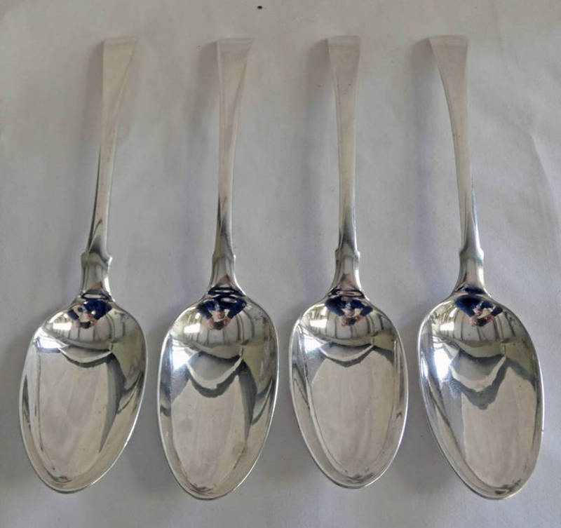 SET OF 4 EARLY GEORGE III SILVER TABLE SPOONS LONDON 1763,