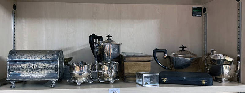SELECTION OF SILVER PLATED WARE INCLUDING 4 PIECE TEASET, DOME TOP TEACADDY, CUTLERY,