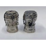 PAIR OF SILVER NOVELTY SALT & PEPPERS IN THE FORM OF CHAMPAGNE CORKS BY DAVID BOWLES,