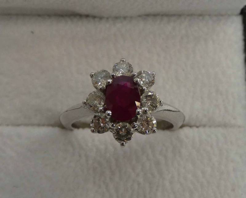 PLATINUM SET RUBY & DIAMOND CLUSTER RING,