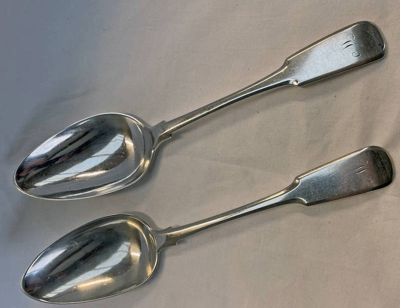 PAIR OF 19TH CENTURY SCOTTISH PROVINCIAL SILVER FIDDLE PATTERN TABLESPOONS BY GEORGE BOOTH &