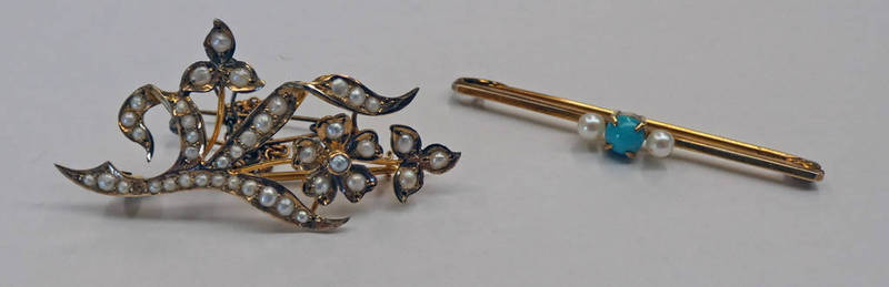 EARLY 20TH CENTURY SEED PEARL SET FLORAL SPRAY BROOCH AND A 9CT GOLD PEARL & TURQUOISE BROOCH - 5.