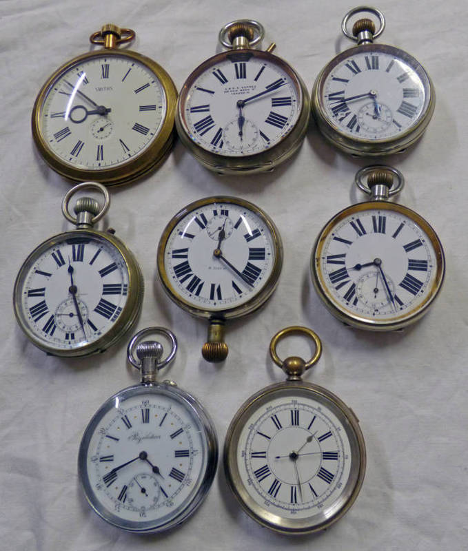 8 GIANT OPENFACED POCKET WATCHES INCLUDING SMITHS, C & C.E.