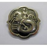 GEORG JENSEN SILVER BROOCH DECORATED WITH NORSE GODDESS RAN RIDING A SEAHORSE,