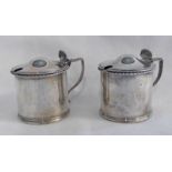 PAIR OF EDWARDIAN SILVER DRUM MUSTARD POTS BY JOHN HENRY RAWLINGS,