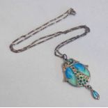 ART NOUVEAU PALE GREEN & BLUE ENAMEL DECORATED SILVER PENDANT ON CHAIN BY JAMES FENTON,