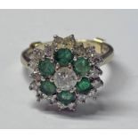 18CT GOLD EMERALD & DIAMOND CLUSTER RING, THE CENTRAL DIAMOND APPROX. 0.