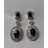 PAIR OF SAPPHIRE & DIAMOND CLUSTER EARDROPS,