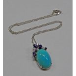 18CT GOLD TURQUOISE, SAPPHIRE & DIAMOND PENDANT.