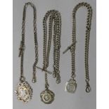 THREE SILVER WATCH CHAINS WITH THREE SILVER MEDALS INCLUDING A VICTORIA DIAMOND JUBILEE EXAMPLE "