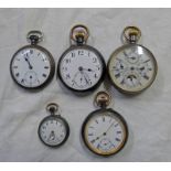 4 OPENFACED GUN METAL POCKET WATCHES AND 1 OPENFACED MULTI DIAL GUN METAL POCKET WATCH