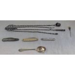 18TH/19TH CENTURY CUT STEEL CHATELAINE, SILVER TEASPOON, FOLDING KNIVES,