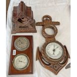 SHORT & MASON, LONDON CLOCK AND BAROMETER MOUNTED ON WOODEN PLAQUE,