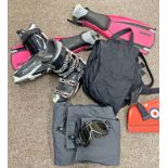 MARES PLANA AVANTI OPEN HEELED FINS, NORDICA SKI BOOTS, 2 PAIRS OF SKI TROUSERS, PAIR OF SHIN PADS,