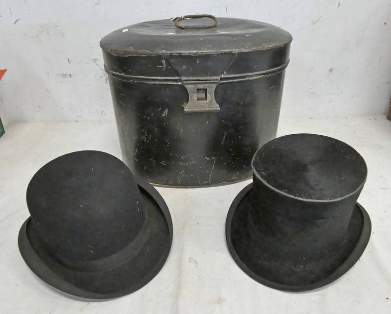 TOP HAT TIN AND A BLACK TOP HAT BY SMITH BROS,