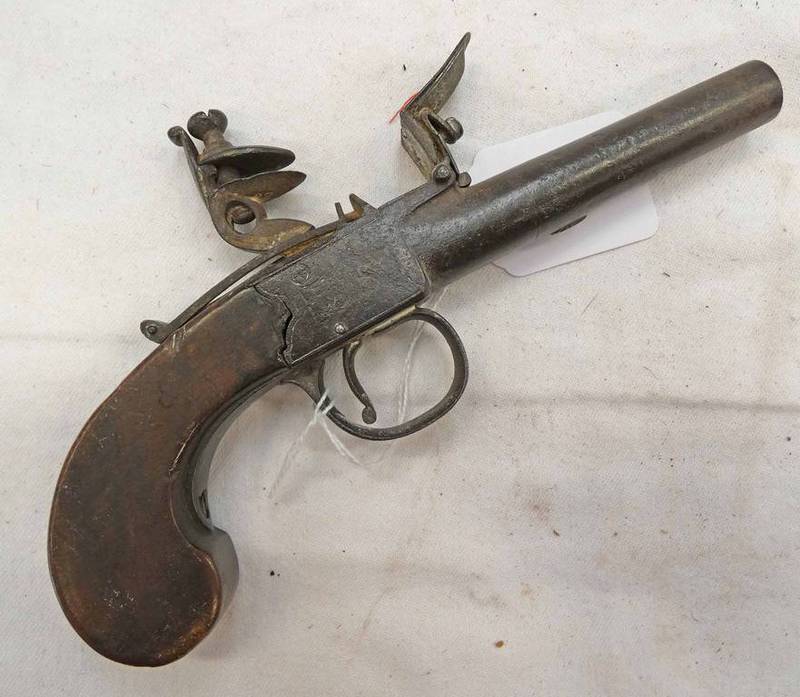 LATE 18TH CENTURY FLINTLOCK POCKET PISTOL BY WILLIAMS, LONDON WITH 7CM STEEL TURN-OFF BARREL,