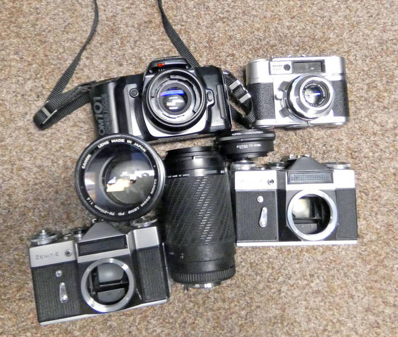 OLYMPUS OM 101 POWER FOCUS CAMERA WITH 50MM LENS WITH STRAP, ZENIT-E CAMERA WITHOUT LENS X 2,