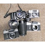 OLYMPUS OM 101 POWER FOCUS CAMERA WITH 50MM LENS WITH STRAP, ZENIT-E CAMERA WITHOUT LENS X 2,