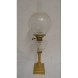 PARAFFIN LAMP WITH GLASS RESERVOIR AND BRASS CORINTHIAN COLUMN