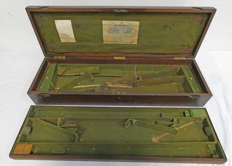 MID 19TH CENTURY BRASS MOUNTED 2-TIER MAHOGANY GUN CASE WITH J PURDEY LABEL TO INTERIOR LINED &