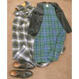 TWO TARTAN SKIRTS WITH WAISTCOATS AND A PAIR OF SHOES