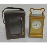 CARRIAGE CLOCK WITH GLAZED PANELS, WHITE ENAMEL DIAL,