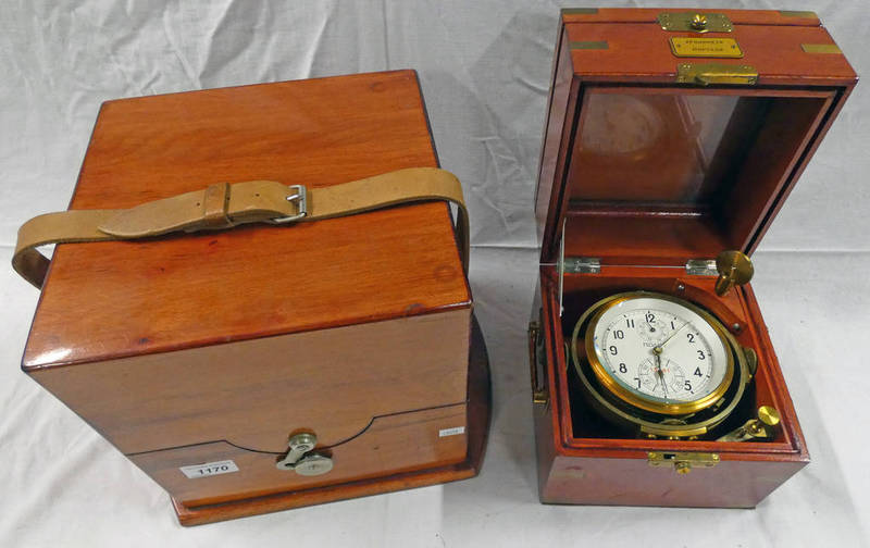 CCCP MARINE CHRONOMETER MOUNTED IN CASE ON A GIMBALS IN A LARGE WOODEN CASE.