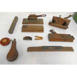 TOOLS TO INCLUDE MOULDING PLANES, BRASS AND WOOD LEVELS,
