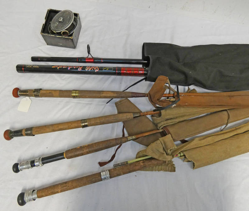 SELECTION OF VINTAGE FISHING RODS AND A MUDARCOM,