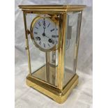 EARLY 20TH CENTURY GILT 4 GLASS PANEL MANTLE CLOCK WITH WHITE ENAMEL DIAL & MERCURY PENDULUM 26CM