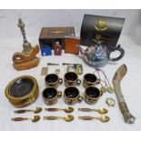 INLAID BOX, KUKRI ON CARVED WOODEN STAND, VARIOUS POCKET WATCH PARTS (AF),