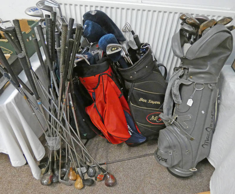 GOOD SELECTION OF VARIOUS GOLF CLUBS IN GOLF BAGS, CLUBS INCLUDE MERIDIAN EZ IRONS, MERIDIAN PUTTER,