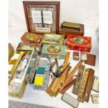 SELECTION OF TILE SAMPLES, BISCUIT TINS, RULERS,