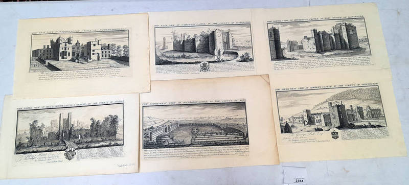 6 18TH CENTURY SAMUEL & NATHANIEL BUCK ENGRAVINGS TO INCLUDE: THE NORTH VIEW OF BEVERSTON CASTLE,