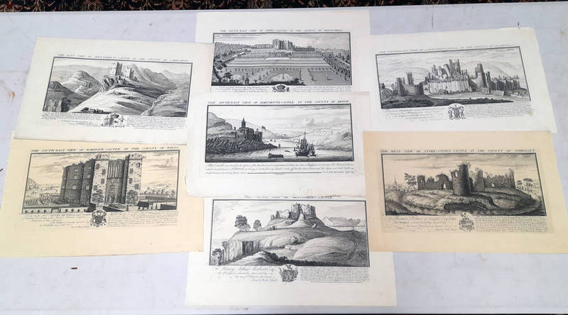 6 18TH CENTURY SAMUEL & NATHANIEL BUCK ENGRAVINGS TO INCLUDE : THE EAST VIEW OF DOLWYDDELAN CASTLE,