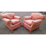 PAIR EARLY 20TH CENTURY OVER STUFFED ARMCHAIR ON SHAPED SUPPORTS