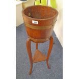 OAK BARREL JARDINIERE WITH BRASS COPPERING LABELED R A LISTER & CO, DURSLEY TO INTERIOR,