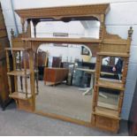 LATE 19TH CENTURY OR EARLY 20TH CENTURY OAK OVERMANTLE WITH MIRROR & CARVED DECORATION,