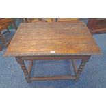 18TH/19TH CENTURY CARVED OAK SIDE TABLE WITH SINGLE DRAWER ON BOBBIN SUPPORTS,