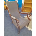 19TH CENTURY MAHOGANY FRAMED LIBRARY OPEN ARMCHAIR ON REEDED SUPPORTS