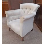 19TH CENTURY OVERSTUFFED BUTTON BACK ARMCHAIR ON TURNED SUPPORTS STAMPED 14?59, 3997,